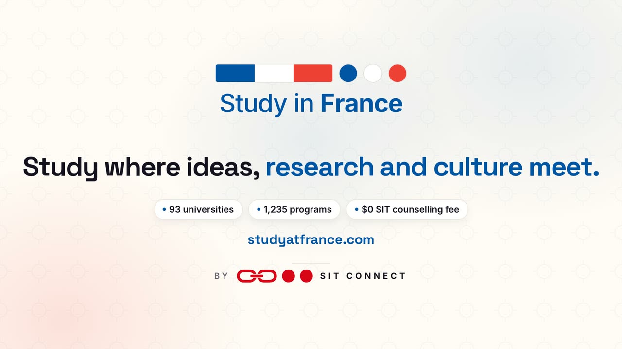 Promotional video about studying in France: a student pass stamped admitted, six application steps completed one by one, and student cities in France.